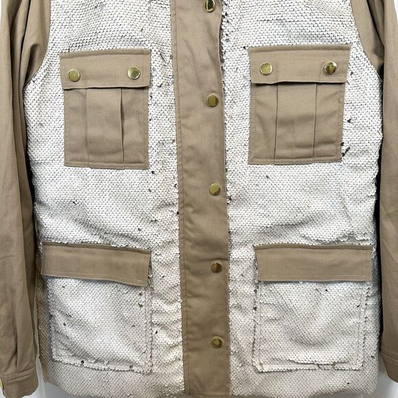 Boston Proper Jacket Women’s Large Beige Sequin Embellished Puff Sleeve Utility - Picture 2 of 16
